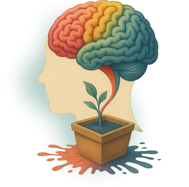 Ilustração de mãos segurando um cérebro com uma planta crescendo